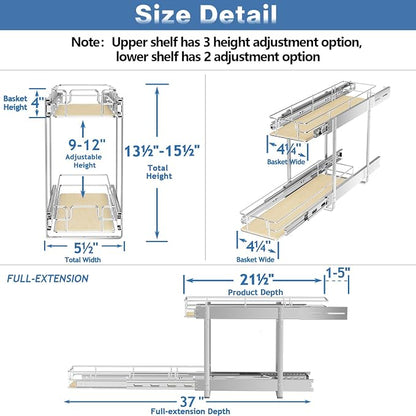 ROOMTEC 2 Tier Individual Pull Out Cabinet Organizer 5½"W x 21½"D, Slide Out Wood Shelves Organizers, Pull Out Drawers Organization and Storage for Kitchen Cabinet