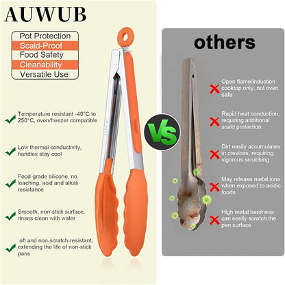 Salad Tongs, 16 Inch Silicone Food Tongs with 304 Stainless Steel Core & Non-Slip Grip in Orange Color