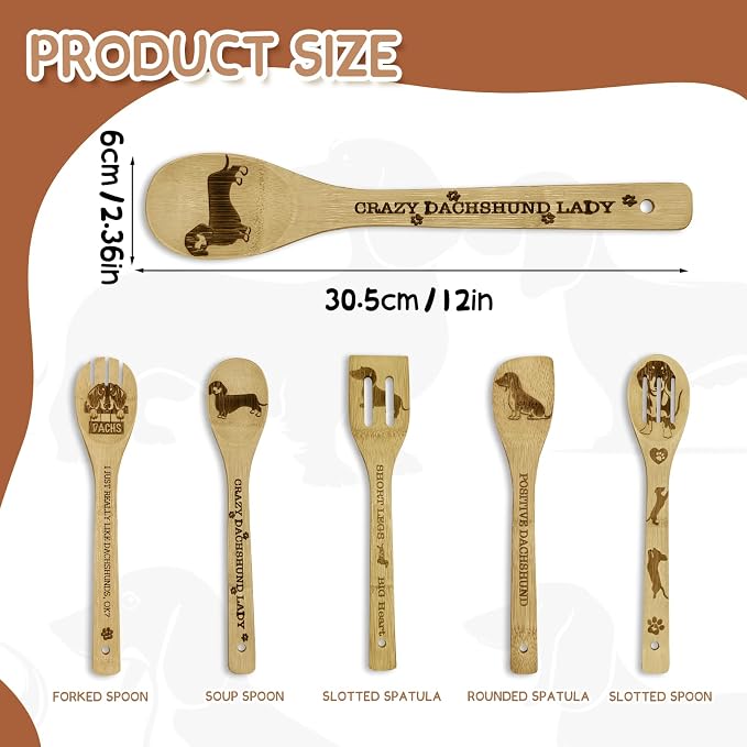 Dachshund Gifts for Women 6PCS Unique Dachshund Print Wooden Spoons Gifts Set with Keychain, Dachshund Decor Weiner Gog Gifts for Women Mom Bestie Teacher