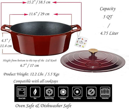La Cuisine Enameled Cast Iron Oval Dutch Oven Casserole Dish Pot with Lid 5 QT Internal Matt Black Enamel Coating, Cranberry, Gold-Plated Stainless Steel Lid Handle, Oven Safe