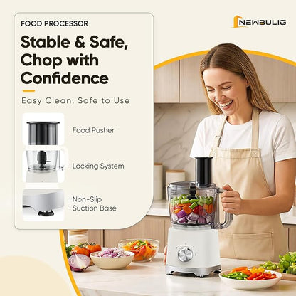 NEWBULIG 10.5 Cups Food Processor, Versatile Food processors with 5 Blades, 600W Powerful Meat Grinder for Slicing, Shredding, Chopping, Kneading, Dishwasher Safe, for Meat, Vegetables, Fruit, Dough
