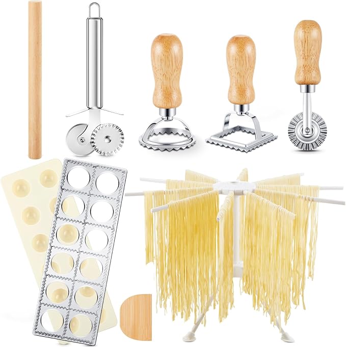 Geetery 5 Pieces Ravioli Mold Set, 12 Holes Ravioli Maker Press, 3 Pasta Cutter Stamps, Wood Rolling Pin, Pasta Making Tools, Pelmeni Mold, Manual, Stainless Steel, White, Silver, Wood Color
