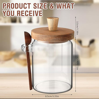 Remerry Set of 4 Glass Jar with Wooden Lid and Spoon, 20 oz Coffee Bean Tea Sugar Jar Set, Clear Airtight Spice Canisters Glass Food Storage Kitchen Containers for Coffee Bean Tea Sugar