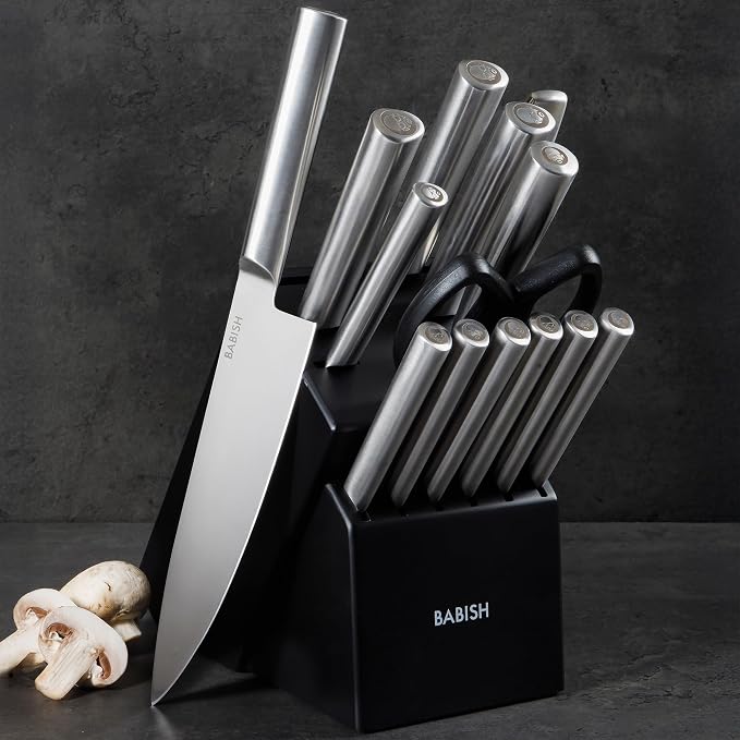 Babish High-Carbon 1.4116 German Steel 15 Piece Full Tang Forged Cutlery Kitchen Knife Block Set - Stainless Steel
