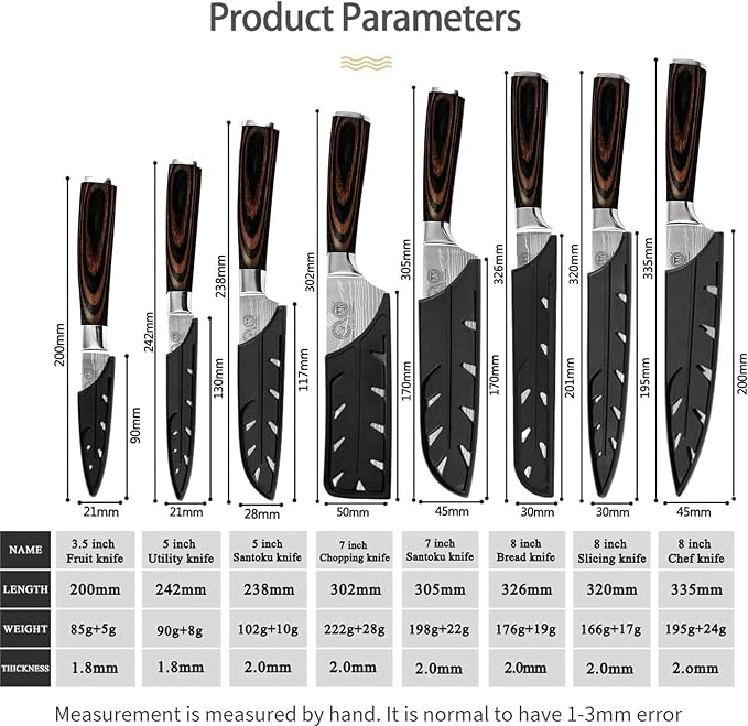 XYJ Stainless Steel Kitchen Knives Set 8 Piece Chef Knife Set with Carry Case Bag & Sheath Well Balance Ergonomic Handle