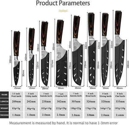 XYJ Stainless Steel Kitchen Knives Set 8 Piece Chef Knife Set with Carry Case Bag & Sheath Well Balance Ergonomic Handle