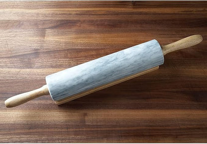 Fox Run Polished Marble Rolling Pin with Wooden Cradle, 10-Inch Barrel, White