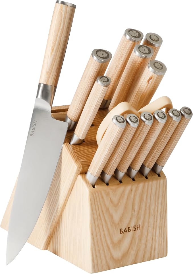Babish High-Carbon 1.4116 German Steel 15 Piece Full Tang Forged Cutlery Kitchen Knife Block Set - Light Pakka Wood Handle