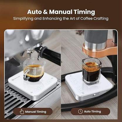 Maestri House S2 Espresso Coffee Scale with Timer, USB-C Rechargeable 2kg/0.1g Precision Shot Scale, Digital Scale for Espresso Brewing(White & Silver)