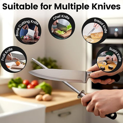Kitchen Knife Sharpener Rod, Fast Sharpening Professional Blade Sharpener Carbon Steel, Chrome Plated Honing Rod With Hanging Hole, Black 8 Inch