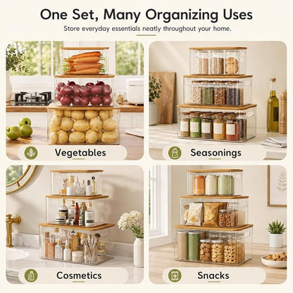 3 Pack Pantry Organizers and Storage Bins with Bamboo Lids,Trash Bag Holder | Stackable Containers for Potato,Onion,Fruit,Vegetable,Clear Dispenser for Kitchen Countertop,Cabinet and Under Sink