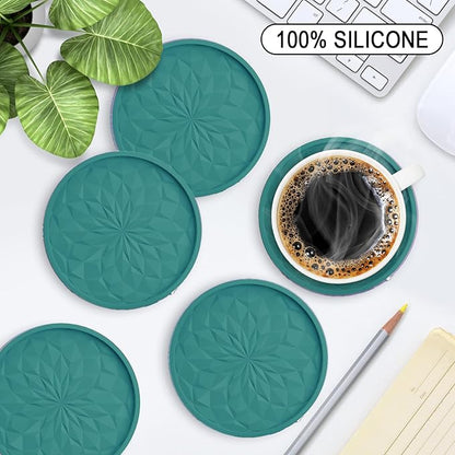 ME.FAN Silicone Coasters with Holder,[6 Pack] Drinking Coasters - Cup Mat for Hot or Cold Drinks, Thickened, Non-Slip, Non-stick,Deep Tray Teal Blue