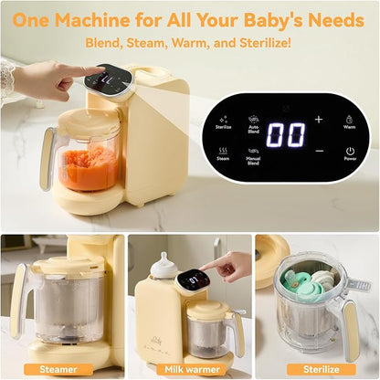 Chefhandy Baby Food Maker, Steamer & Blender with Stainless Steel Basket, Puree Maker with Auto/Manual Blend, Bottle Warmer & Sterili-zer, Safe & Easy-to-Clean Compact Baby Food Processor (Yellow)