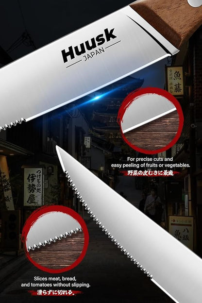 Huusk Steak Knives Set of 6 with Drawer Organizer-4.5 in Japanese Serrated Steak Knife Set with Block, Serrated & Straight Dual-Edge, Stainless Steel Steaks Knives with Holder, Fathers Day Gift Idea