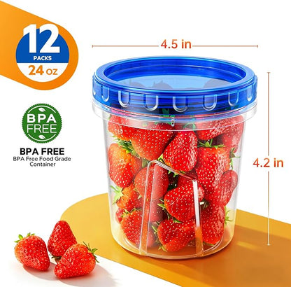 Freezer Storage Containers, [12 Pack-24 Oz] Airtight Plastic Food Storage Containers with Twist Top Lids, Soup, Meal Prep Containers | BPA Free | Stackable | Leakproof | Microwave/Dishwasher Safe