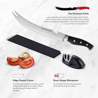 Master Maison 9" Professional Stainless Steel Scimitar Knife Set with Dual Sharpener, Knife Sheath - Professional Knife Set- Sharp Butcher Knife, Meat Knife, Kitchen Knife - Perfect for Meat Cutting