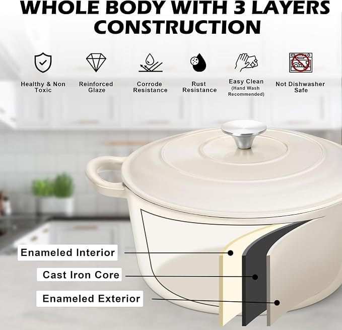 TeamFar 6Qt Dutch Oven, Enameled Cast Iron Dutch Oven Pot with Lid & Dual Handles for Bread Baking, Cooking, Simmer, Non Toxic & Heavy Duty, Oven Safe & Various Stovetops Suitable - Cream White