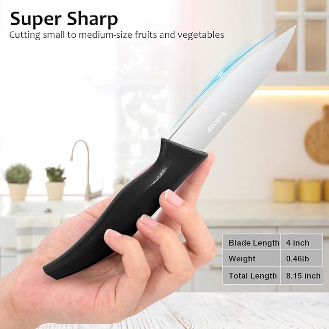 4-Piece Paring Knife Set, 4 Inch 4Cr14 Stainless Steel Sharp Fruit Vegetable Peeling Knives with Ergonomic Anti-Slip Large Handle, Small Kitchen Utility Knife for Daily Meal Prep, Black