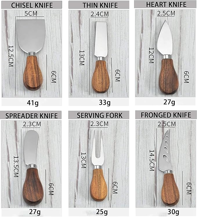 Cheese Knives with Cheese Slicer Cheese Cutter Cheese Fork,Cheese Spreading Knife for Charcuterie Boards and Cutlery Gift Set,6 Pieces Cheese Knife Set with Bamboo Wood Handle Steel Stainless