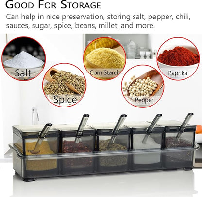 V·RESOURCING Clear Seasoning Box, 5 Pieces Clear Seasoning Storage Container for Spice Salt Sugar Cruet,Condiment Jars with Spoons