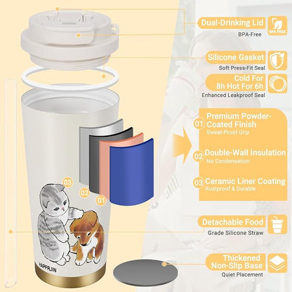16 OZ Insulated Tumbler With Lid And Straw, Stainless Steel Cat Dog Tumbler, Travel Water Ceramic Lined Coffee Tumbler, Double Wall Vacuum Leak Proof Mug Cup For Office School Party Camping