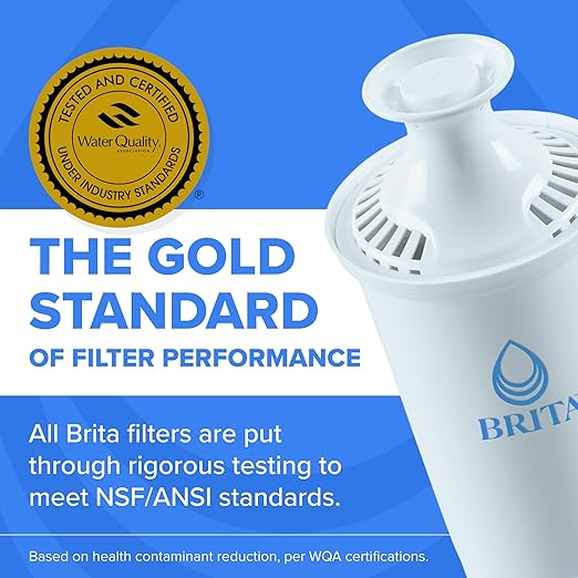Brita Small 6-Cup Water Filter Pitcher with BritaPlus Filter, WQA NSF/ANSI Certified, Reduces 2X Contaminants vs. Standard, Removes Chlorine Taste & Odor, Reduces Zinc Copper Mercury, Stone Blue