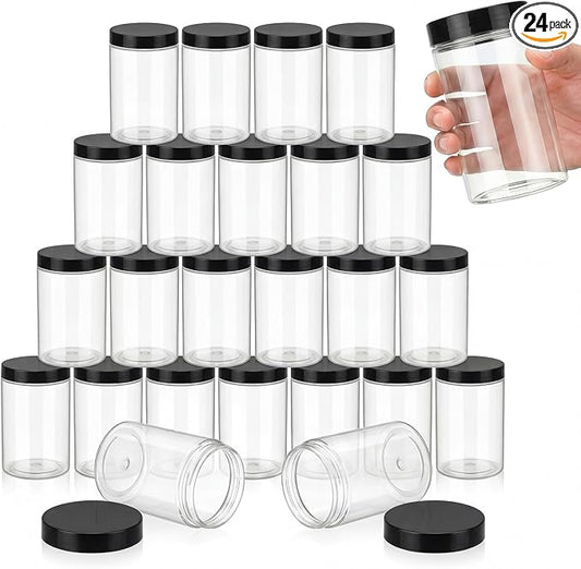 SATINIOR 24 Pieces Empty Clear Plastic Jars with Lids Round Storage Containers Wide Mouth for Beauty Product Cosmetic Cream Lotion Liquid Butter Craft and Food(Black Lid,12 oz)