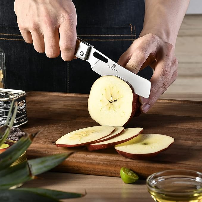 ZhengSheng Folding Chef Knife with Nylon Pouch 4.8” Ultra Sharp 440A Stainless Steel Blade Natural Olive Handle Pocket Foldable Japanese Style Kitchen Knife for Outdoor Camping BBQ trip Cooking.