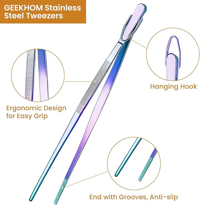 GEEKHOM 2-Piece 12-Inch Professional Kitchen Tongs: Dishwasher Safe Stainless Steel with Serrated Tips for Cooking & Serving (Colorful)