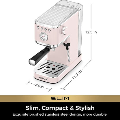 CHULUX Slim Espresso Machine with Milk Frother, 20 Bar Professional Italian Pump Espresso Coffee Machine for Home Cappuccino & Latte Maker, Stainless Steel, Pink