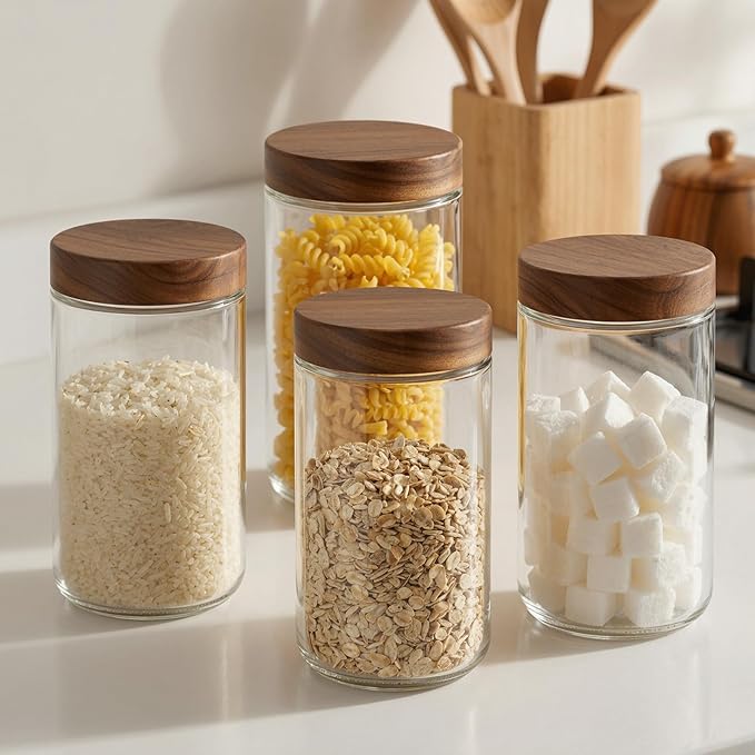 Bumobum 24 oz Glass Jars with Acacia Lids, Glass Food Storage Containers with Airtight Lids, Wide Mouth Mason Salad Jars for Coffee, Sugar, Loose Tea, Spice, Nut, Candy, Cereal, Snacks (4 Pack)
