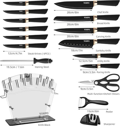 Kitchen Knife Set with Block, Knives Set with Acrylic Stand, 17Pcs Stainless Steel Cutlery Knife Block Set includes Serrated Steak Knives Set, Chef Santoku Knives, Scissor, Sharpener and Holder