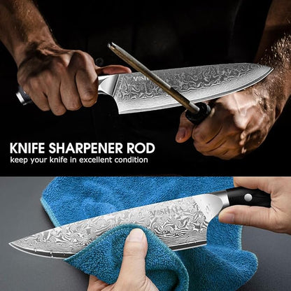 MOSFiATA Professional Damascus Chef Knife Set-3PCS, 8 ‘’Chef Knife 7”Santoku Knife and 5'Utility Knife，VG-10 High Carbon Stainless Steel with Finger Guard, Knife Sharpener Rod Gift Box