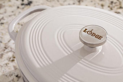 Lodge 7 Quart Enameled Cast Iron Oval Dutch Oven with Lid – Dual Handles – Oven Safe up to 500° F or on Stovetop - Use to Marinate, Cook, Bake, Refrigerate and Serve – Oyster White