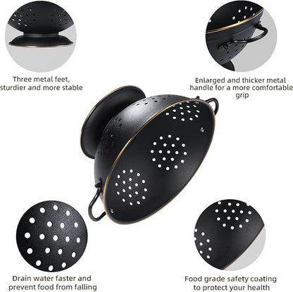 Metal Colander Set of 2, Strainer Basket with Handles perfect for Spaghetti, Pasta, Berry, Vegetable, Fruit, Solid Base Powder Coated Self-draining Kitchen Colander Bowel, 3.5 & 5 Qt, Matte Black