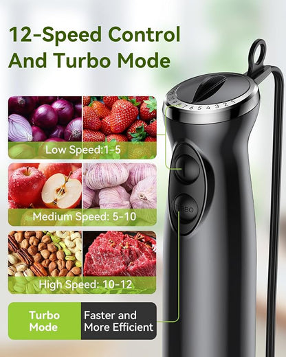 Immersion Blender Handheld Hand Blender, 1000W 5 in 1 Hand Mixer Stick, BPA-Free 12 Speed Handheld Blender 304 Stainless, Mixing Beaker, Chopper, Whisk, Milk Frother, Soup, Smoothies, Baby Food, Sauce