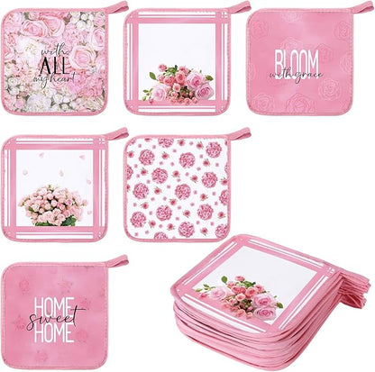 Bencailor 12 Pcs Pot Holders with Pocket Kitchen Hot Potholders Hot Pad Oven Mitts Cookie Bag Oven Gloves for Kitchen Gift Baking Cooking(Pink,Pink Rose)