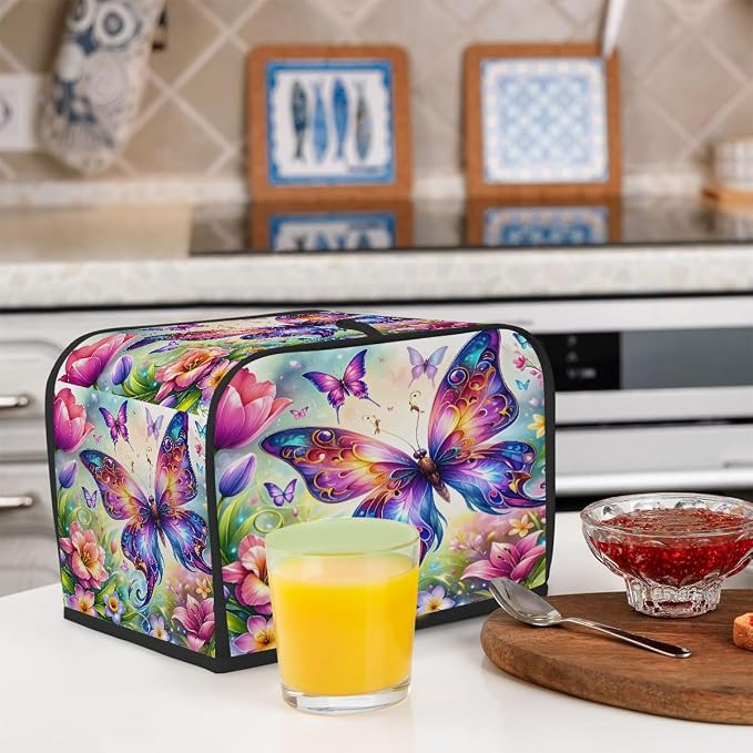 Flower Butterfly Toaster Cover 4 Slice Wide Slot Washable Toaster Covers | Color Art Dust and Fingerprint Protection Bread Maker Covers for Kitchen Accessories Decor Bakeware Women Gift