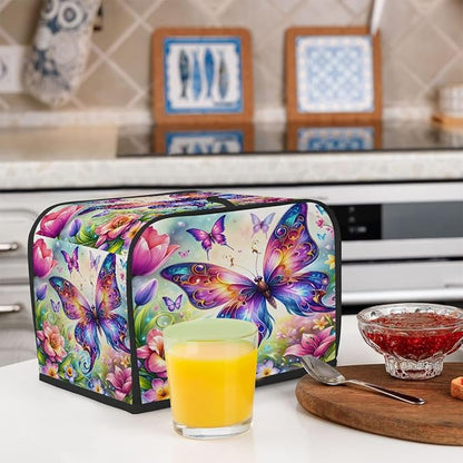 Flower Butterfly Toaster Cover 2 Slice Wide Slot Washable Toaster Covers | Color Art Dust and Fingerprint Protection Bread Maker Covers for Kitchen Accessories Decor Bakeware Women Gift