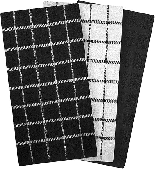 Ritz Premium 100% Cotton Terry Check Kitchen Dish Towels - Highly Absorbent, Super Soft, Long-Lasting, 25"x15", 3-Pack, Black