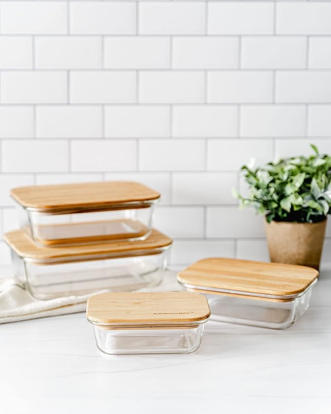 Bambooware Glass Containers with Lids | Non Plastic Glassware Set - Natural Raw Organic Wooden Bamboo Lids | Set of 4 | Reusable, BPA Free | Perfect for Meal Prep, Lunch, Leftovers, Kitchen