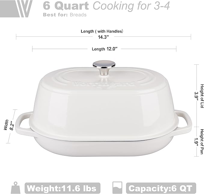 VORRINGARD Enameled Cast Iron Dutch Oven Pot with Dome Lid, Oval Bread Oven for Homemade Sourdough Bread Baking, Oven Safe up to 500°F, 6 Quart, White