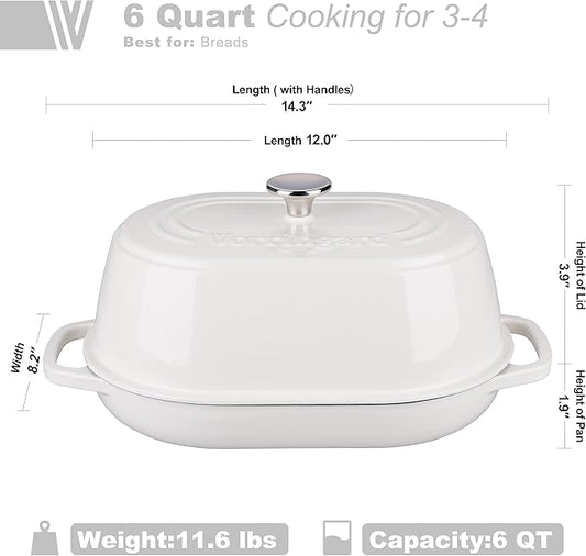 VORRINGARD Enameled Cast Iron Dutch Oven Pot with Dome Lid, Oval Bread Oven for Homemade Sourdough Bread Baking, Oven Safe up to 500°F, 6 Quart, White