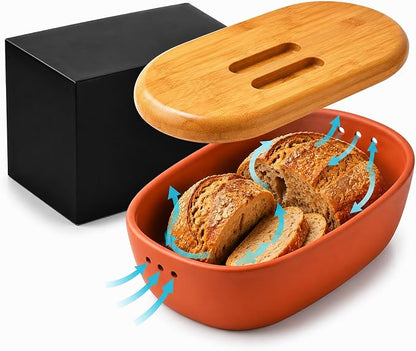 Terracotta Bread Saver Box with Gift Box, Internal 9.8"x5.1"x3.9" Small Bread Bin with Natural Bamboo Lid,Food-Safe Glazed Interior, for Small Artisan Sourdough, Housewarming & Wedding Gift