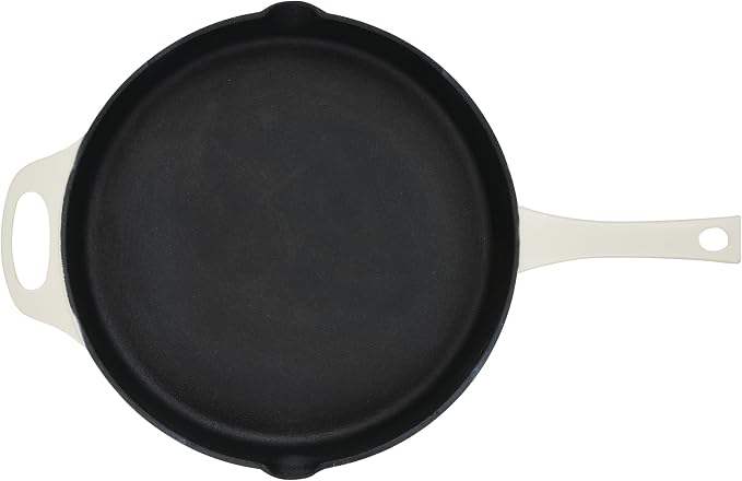 Rachael Ray NITRO Cast Iron Frying Pan/Skillet with Helper Handle and Pour Spouts, 12 Inch, Almond