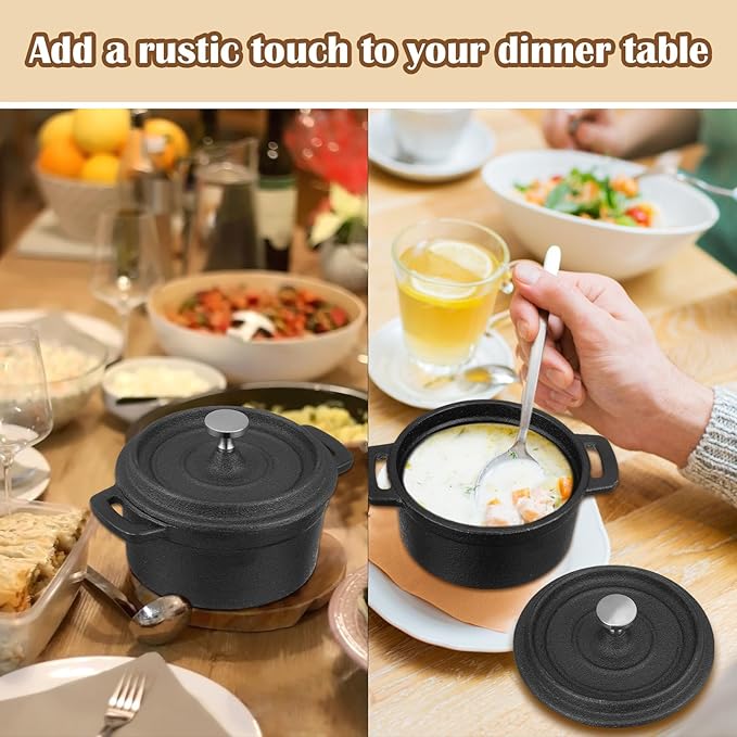 4 Pcs Mini Dutch Oven, 500F Small Round Iron Cocotte Black Dutch Oven Pot with Lid and Dual Handles Cast Iron Pot for Stovetop Use Marinate Cook Bake Refrigerate, Individual Servings(8 oz)