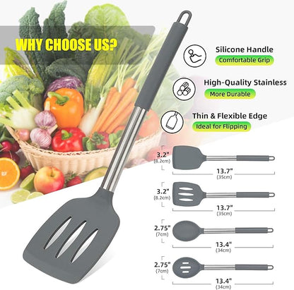 4 Pack Silicone Utensils Set，Non Stick Solid Spatulas, Slotted Spoons with Stainless Steel Handle，Spatulas for Cooking，Frying, Mixing, Serving -Grey