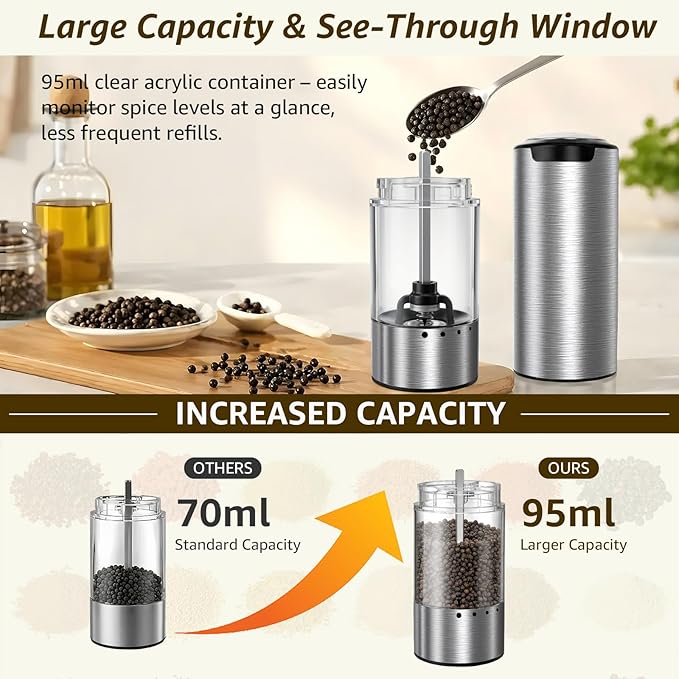 Electric Salt and Pepper Grinder Set Type-C Fast Charging, Automatic Salt and Pepper Shakers Adjustable Coarseness, Stainless Steel Rechargeable Salt and Pepper Grinder with LED Light