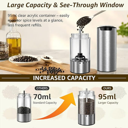 Electric Salt and Pepper Grinder Set Type-C Fast Charging, Automatic Salt and Pepper Shakers Adjustable Coarseness, Stainless Steel Rechargeable Salt and Pepper Grinder with LED Light