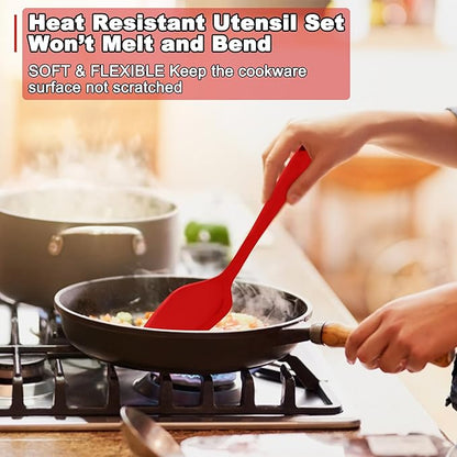 E-far Silicone Cooking Utensils Set, 24Pcs Heat Resistant Kitchen Utensil with Holder, Silicone Kitchen Tools with Spatula Turner Spoon Tongs Whisk, Non-Toxic & Dishwasher Safe (Red)